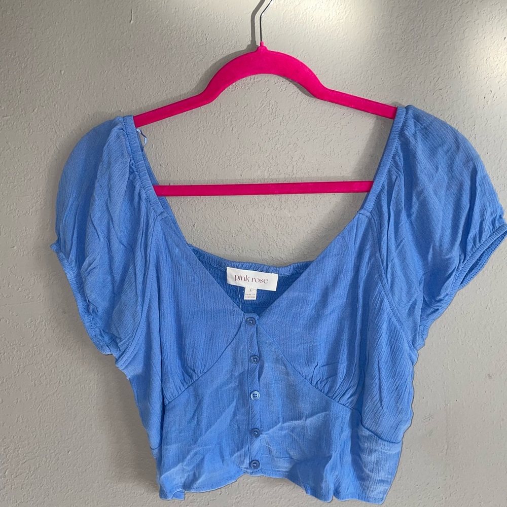Pink Rose Blue Button-Up Blouse Large